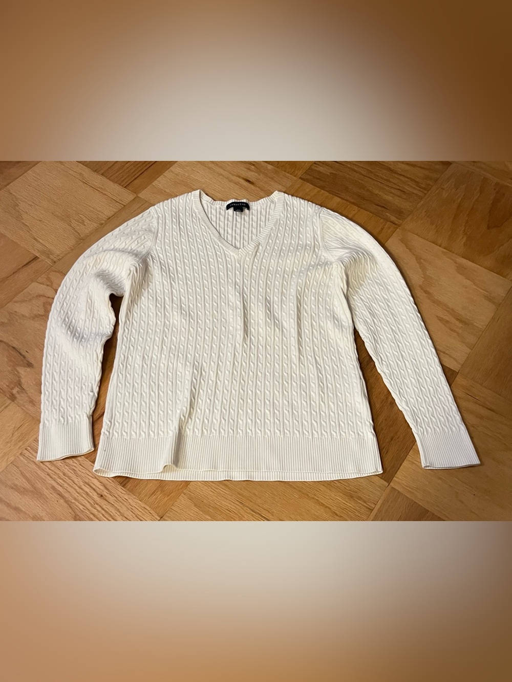 Lands’ End White Cable Knit V-Neck Cotton Sweater